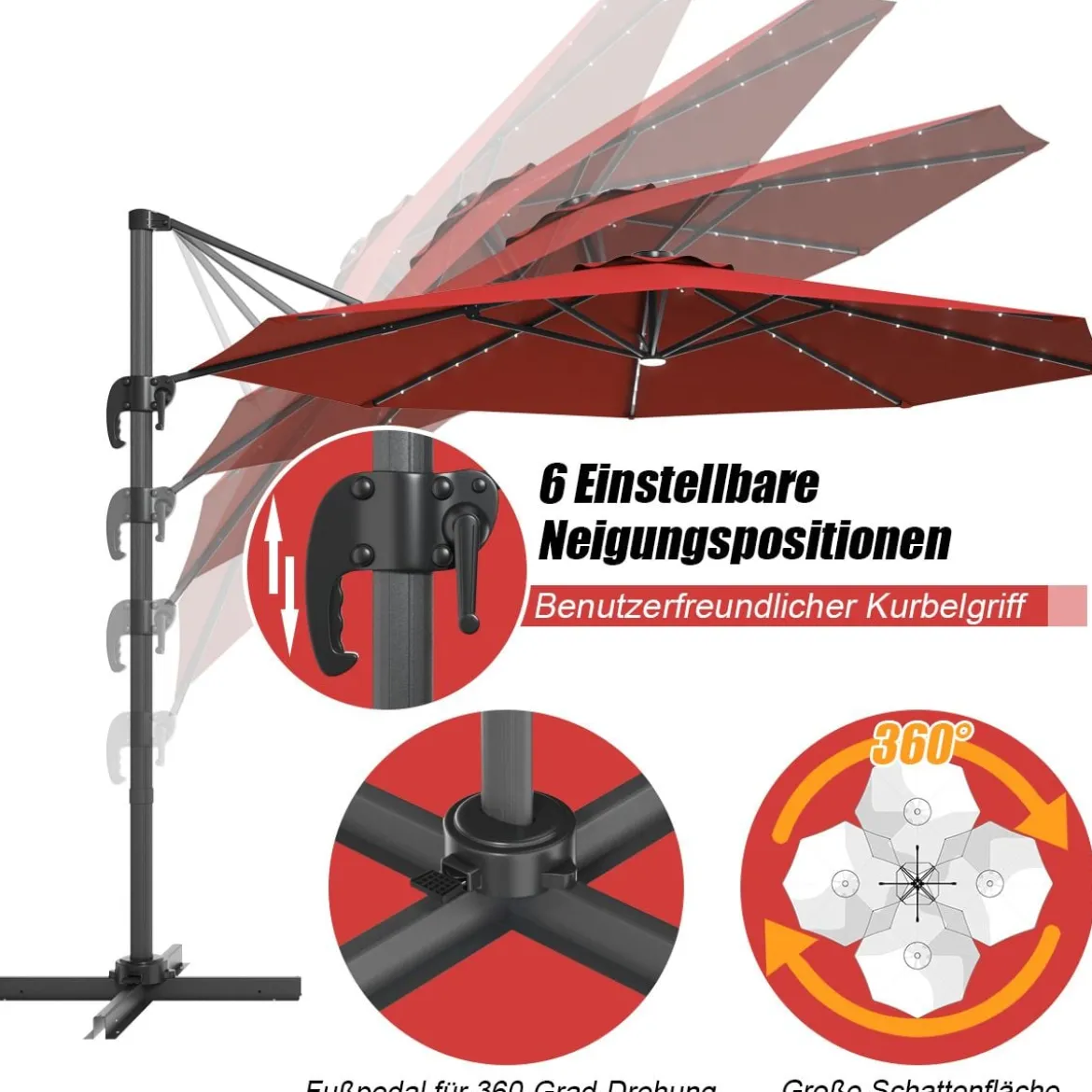 Ø300cm Ampelschirm LED Sonnenschirm mit Kreuzständer Terrassenschirm neigbar Weinrot