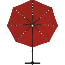 Ø300cm Ampelschirm LED Sonnenschirm mit Kreuzständer Terrassenschirm neigbar Weinrot