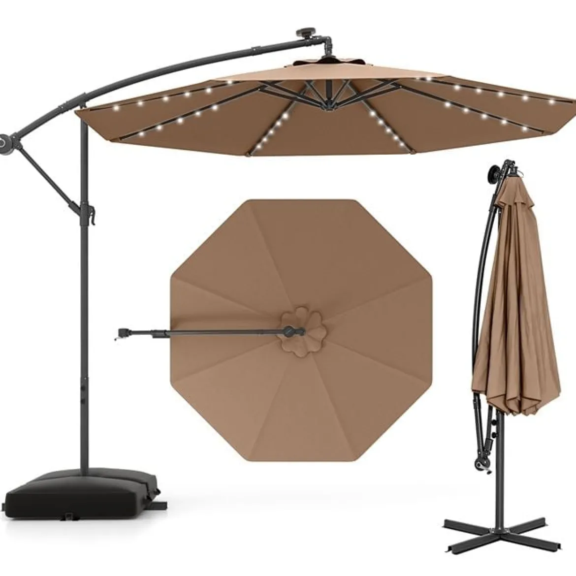 Ø350 cm Ampelschirm mit 40 Solar-LED-Leuchten & Sandsäcke & Kurbel & UV-Schutz Sonnenschirm Grau/Beige/Braun