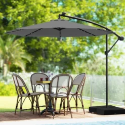 Ø350 cm Ampelschirm mit 40 Solar-LED-Leuchten & Sandsäcke & Kurbel & UV-Schutz Sonnenschirm Grau/Beige/Braun