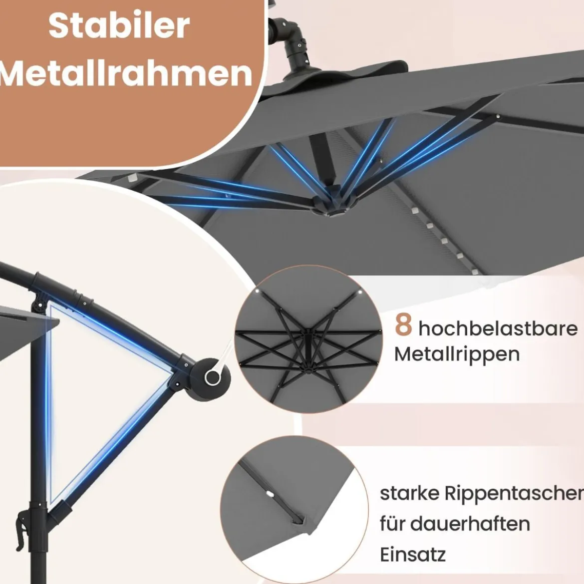 Ø350 cm Ampelschirm mit 40 Solar-LED-Leuchten & Sandsäcke & Kurbel & UV-Schutz Sonnenschirm Grau/Beige/Braun
