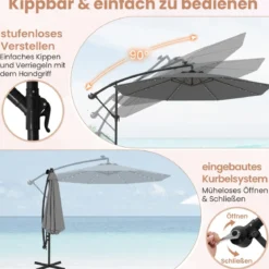 Ø350 cm Ampelschirm mit 40 Solar-LED-Leuchten & Sandsäcke & Kurbel & UV-Schutz Sonnenschirm Grau/Beige/Braun