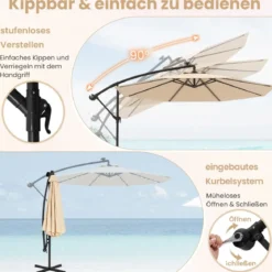 Ø350 cm Ampelschirm mit 40 Solar-LED-Leuchten & Sandsäcke & Kurbel & UV-Schutz Sonnenschirm Grau/Beige/Braun