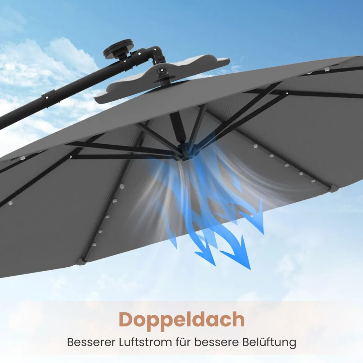 Ø350 cm Ampelschirm mit 40 Solar-LED-Leuchten & Sandsäcke & Kurbel & UV-Schutz Sonnenschirm Grau/Beige/Braun