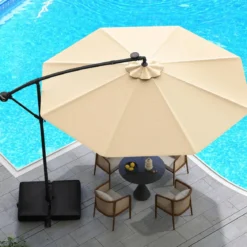 Ø350 cm Ampelschirm mit 40 Solar-LED-Leuchten & Sandsäcke & Kurbel & UV-Schutz Sonnenschirm Grau/Beige/Braun