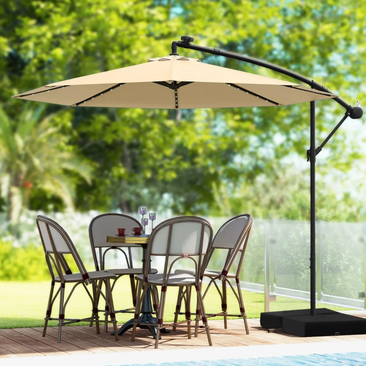 Ø350 cm Ampelschirm mit 40 Solar-LED-Leuchten & Sandsäcke & Kurbel & UV-Schutz Sonnenschirm Grau/Beige/Braun