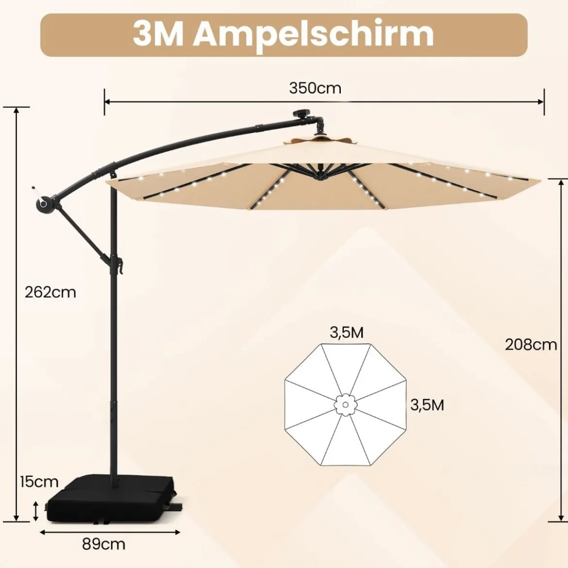 Ø350 cm Ampelschirm mit 40 Solar-LED-Leuchten & Sandsäcke & Kurbel & UV-Schutz Sonnenschirm Grau/Beige/Braun