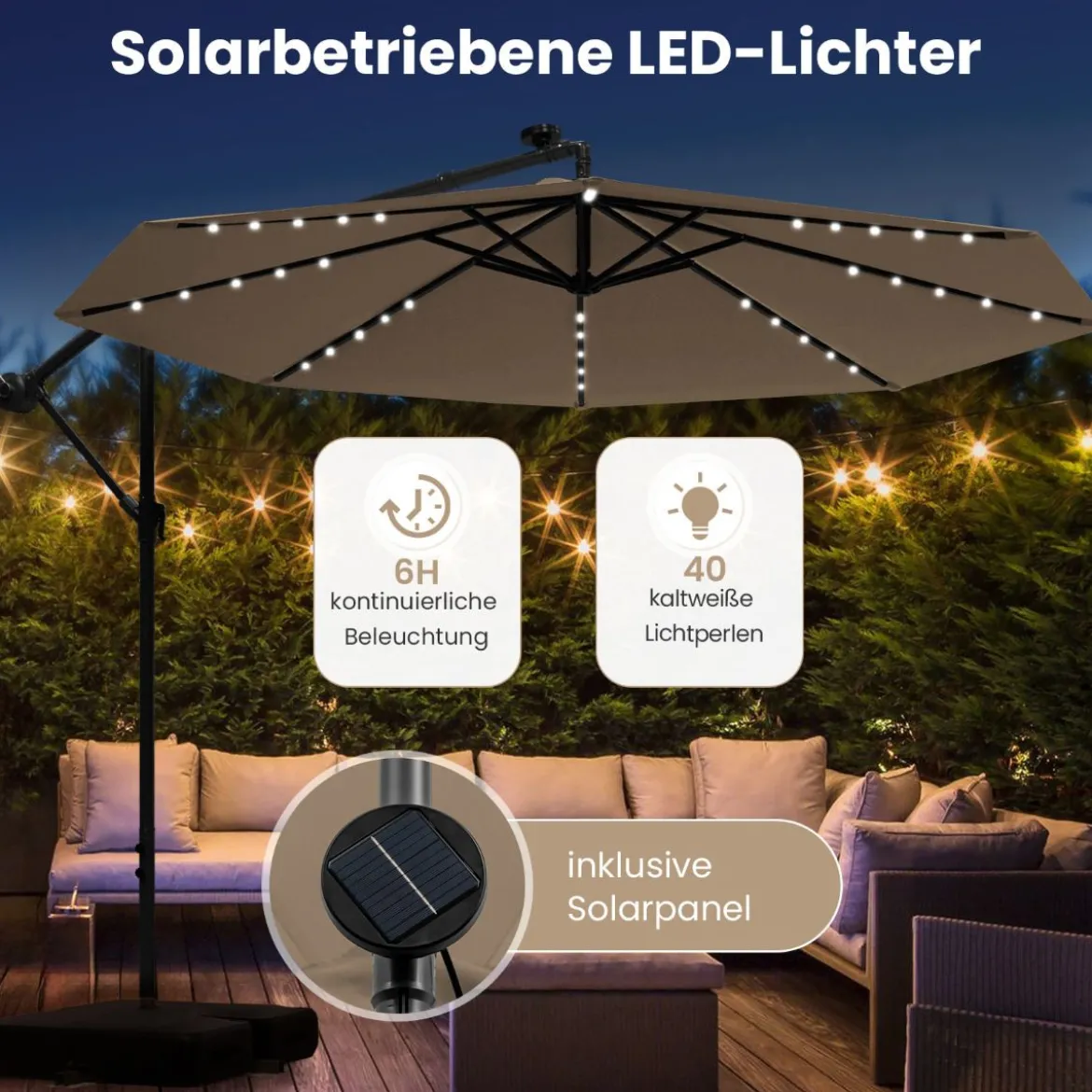 Ø350 cm Ampelschirm mit 40 Solar-LED-Leuchten & Sandsäcke & Kurbel & UV-Schutz Sonnenschirm Grau/Beige/Braun