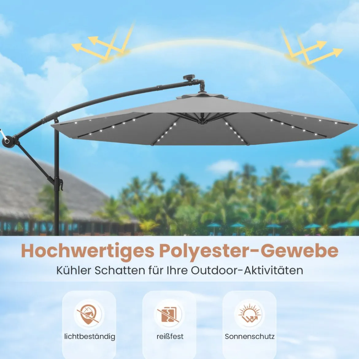 Ø350 cm Ampelschirm mit 40 Solar-LED-Leuchten & Sandsäcke & Kurbel & UV-Schutz Sonnenschirm Grau/Beige/Braun