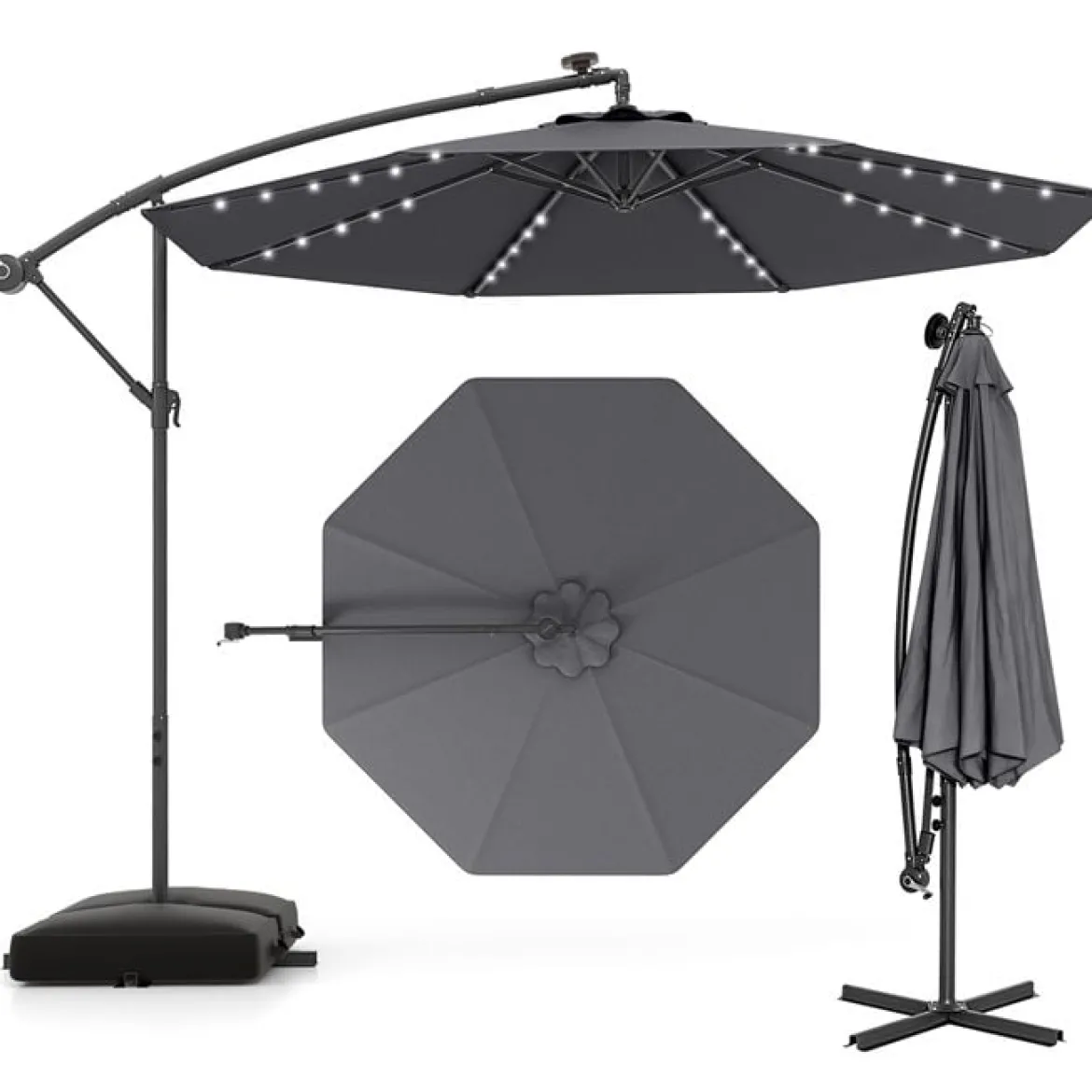 Ø350 cm Ampelschirm mit 40 Solar-LED-Leuchten & Sandsäcke & Kurbel & UV-Schutz Sonnenschirm Grau/Beige/Braun