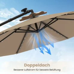 Ø350 cm Ampelschirm mit 40 Solar-LED-Leuchten & Sandsäcke & Kurbel & UV-Schutz Sonnenschirm Grau/Beige/Braun