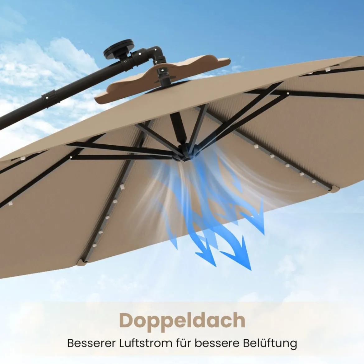 Ø350 cm Ampelschirm mit 40 Solar-LED-Leuchten & Sandsäcke & Kurbel & UV-Schutz Sonnenschirm Grau/Beige/Braun