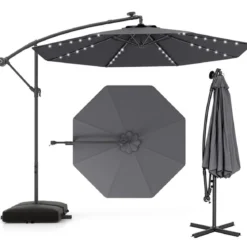 Ø350 cm Ampelschirm mit 40 Solar-LED-Leuchten & Sandsäcke & Kurbel & UV-Schutz Sonnenschirm Grau/Beige/Braun