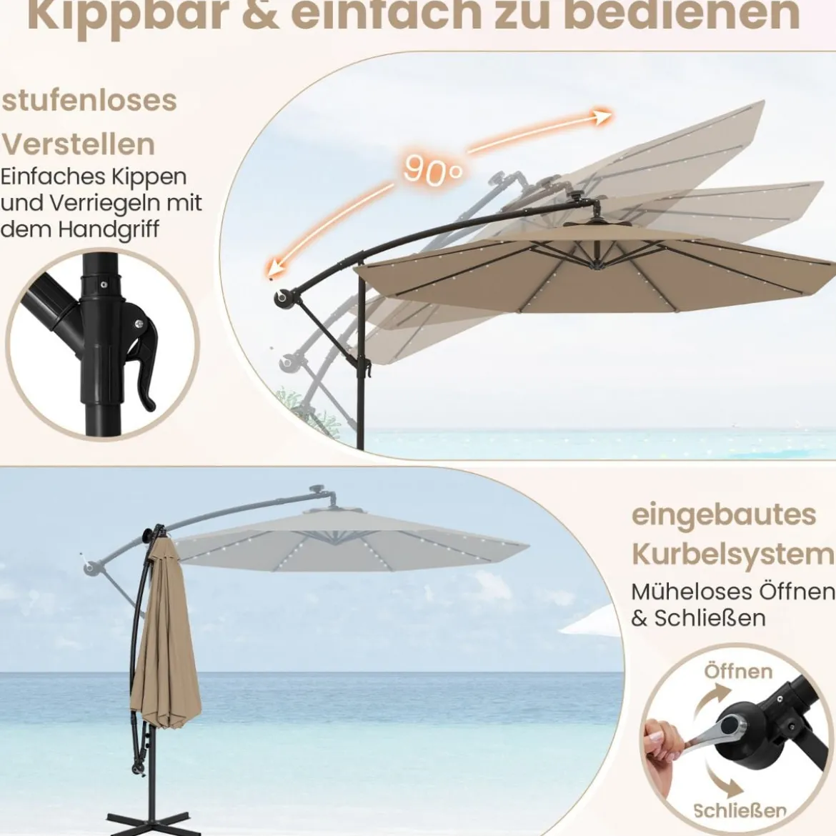 Ø350 cm Ampelschirm mit 40 Solar-LED-Leuchten & Sandsäcke & Kurbel & UV-Schutz Sonnenschirm Grau/Beige/Braun