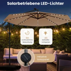 Ø350 cm Ampelschirm mit 40 Solar-LED-Leuchten & Sandsäcke & Kurbel & UV-Schutz Sonnenschirm Grau/Beige/Braun