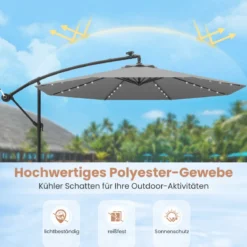 Ø350 cm Ampelschirm mit 40 Solar-LED-Leuchten & Sandsäcke & Kurbel & UV-Schutz Sonnenschirm Grau/Beige/Braun