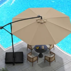 Ø350 cm Ampelschirm mit 40 Solar-LED-Leuchten & Sandsäcke & Kurbel & UV-Schutz Sonnenschirm Grau/Beige/Braun