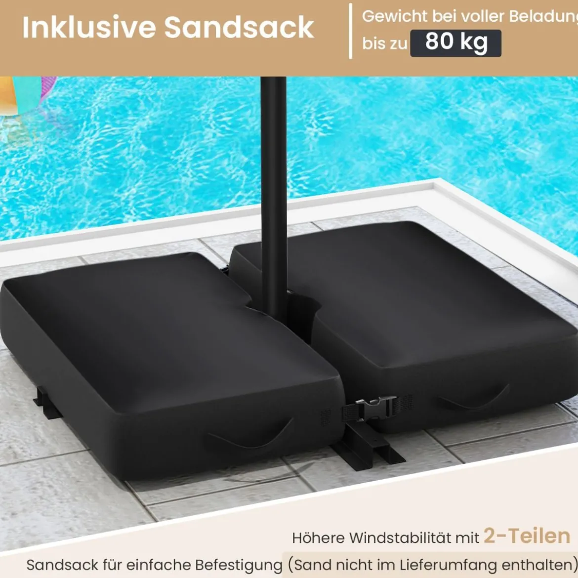 Ø350 cm Ampelschirm mit 40 Solar-LED-Leuchten & Sandsäcke & Kurbel & UV-Schutz Sonnenschirm Grau/Beige/Braun