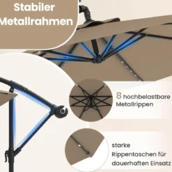 Ø350 cm Ampelschirm mit 40 Solar-LED-Leuchten & Sandsäcke & Kurbel & UV-Schutz Sonnenschirm Grau/Beige/Braun