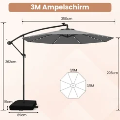 Ø350 cm Ampelschirm mit 40 Solar-LED-Leuchten & Sandsäcke & Kurbel & UV-Schutz Sonnenschirm Grau/Beige/Braun