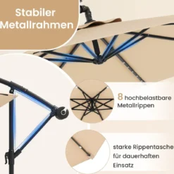 Ø350 cm Ampelschirm mit 40 Solar-LED-Leuchten & Sandsäcke & Kurbel & UV-Schutz Sonnenschirm Grau/Beige/Braun