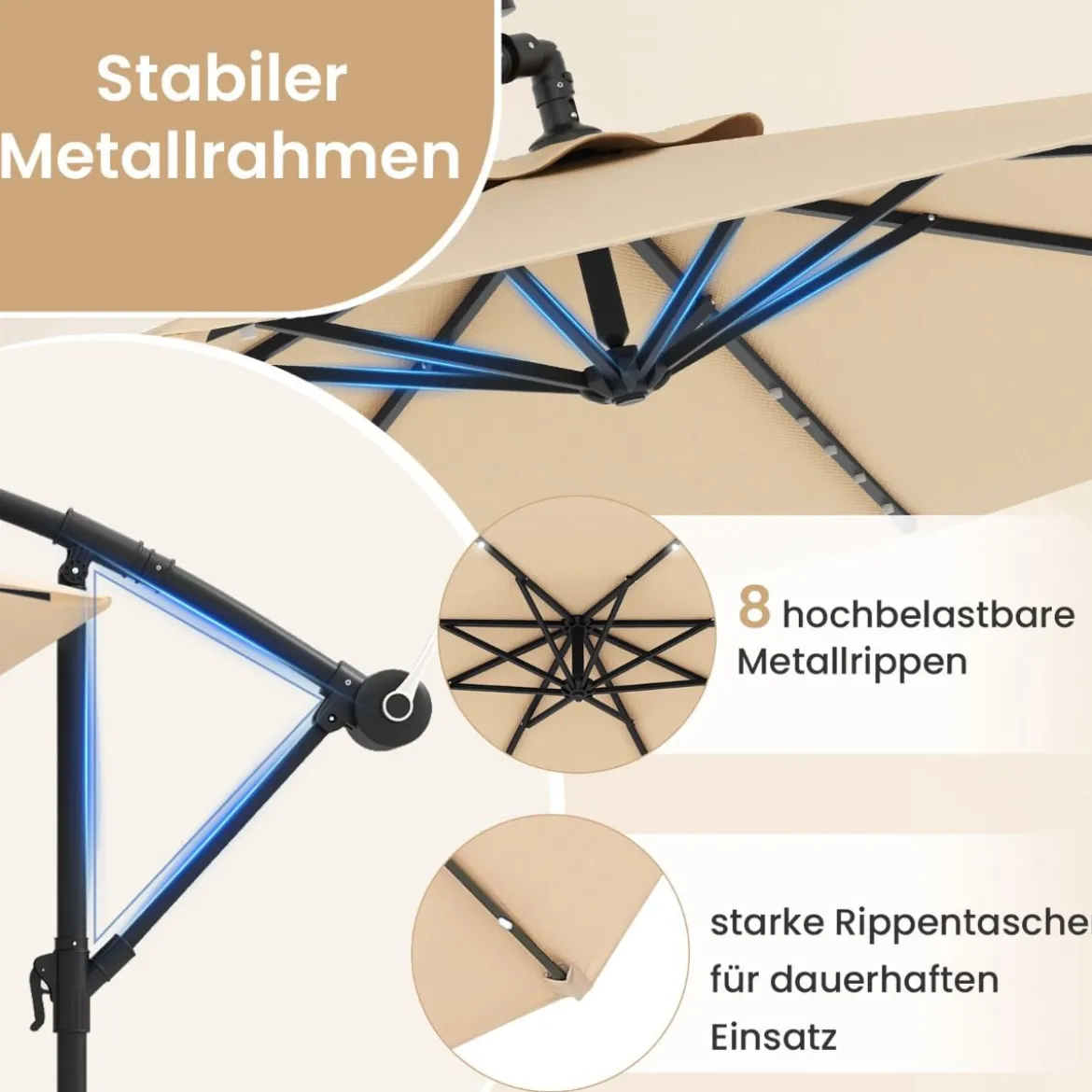 Ø350 cm Ampelschirm mit 40 Solar-LED-Leuchten & Sandsäcke & Kurbel & UV-Schutz Sonnenschirm Grau/Beige/Braun