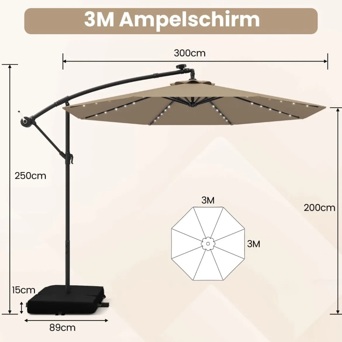 Ø300 cm Ampelschirm mit 40 Solar-LED-Leuchten & Sandsäcke & Kurbel & UV-Schutz Sonnenschirm