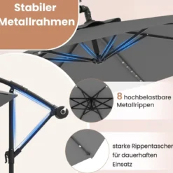 Ø300 cm Ampelschirm mit 40 Solar-LED-Leuchten & Sandsäcke & Kurbel & UV-Schutz Sonnenschirm