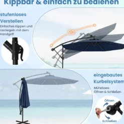 Ø300 cm Ampelschirm mit 40 Solar-LED-Leuchten & Sandsäcke & Kurbel & UV-Schutz Sonnenschirm