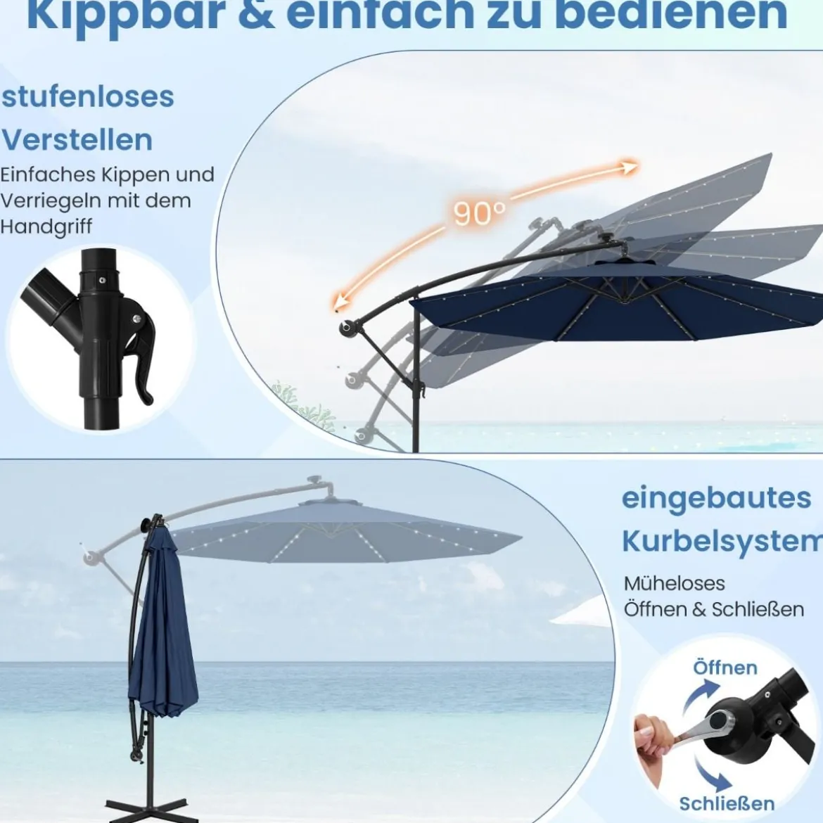 Ø300 cm Ampelschirm mit 40 Solar-LED-Leuchten & Sandsäcke & Kurbel & UV-Schutz Sonnenschirm