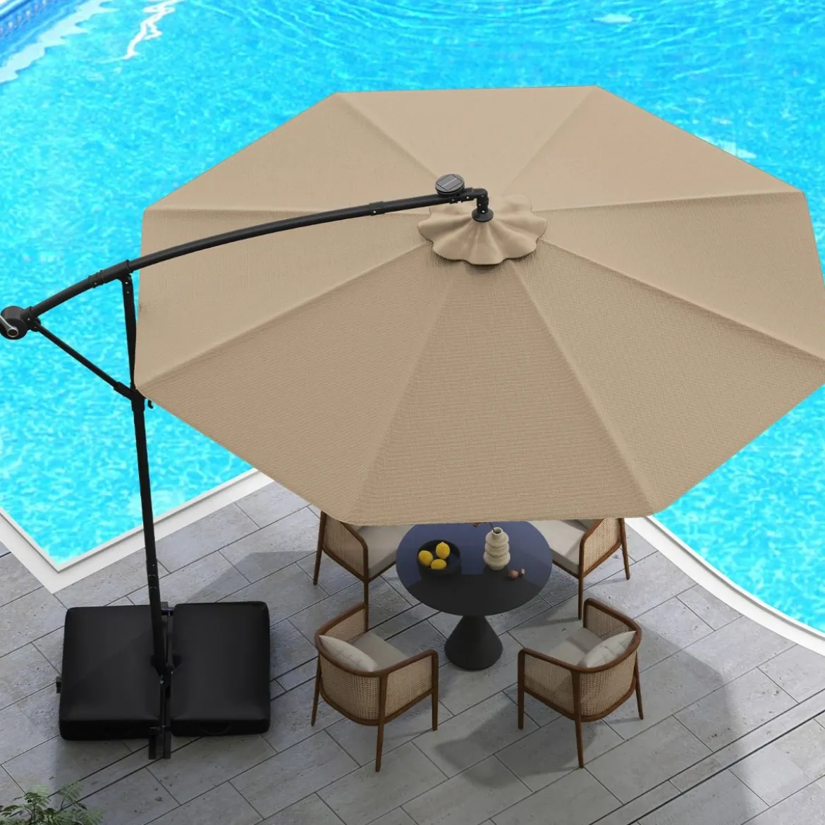 Ø300 cm Ampelschirm mit 40 Solar-LED-Leuchten & Sandsäcke & Kurbel & UV-Schutz Sonnenschirm