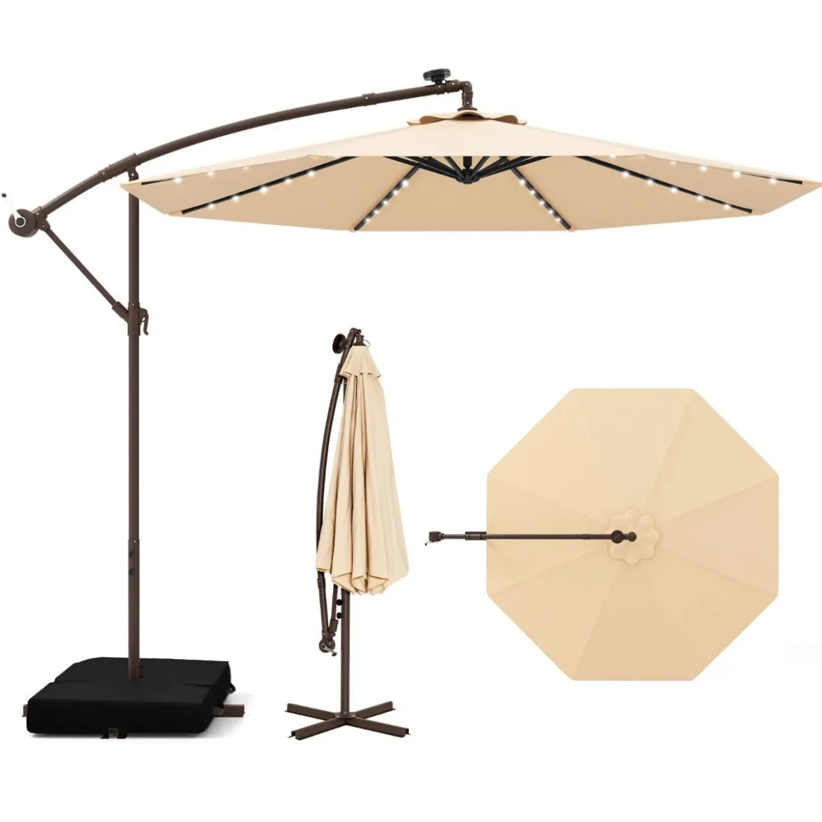 Ø300 cm Ampelschirm mit 40 Solar-LED-Leuchten & Sandsäcke & Kurbel & UV-Schutz Sonnenschirm