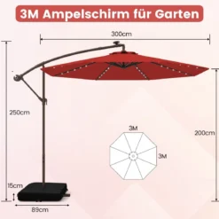 Ø300 cm Ampelschirm mit 40 Solar-LED-Leuchten & Sandsäcke & Kurbel & UV-Schutz Sonnenschirm