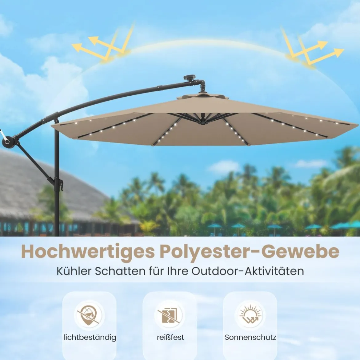 Ø300 cm Ampelschirm mit 40 Solar-LED-Leuchten & Sandsäcke & Kurbel & UV-Schutz Sonnenschirm
