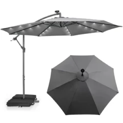 Ø300 cm Ampelschirm mit 40 Solar-LED-Leuchten & Sandsäcke & Kurbel & UV-Schutz Sonnenschirm