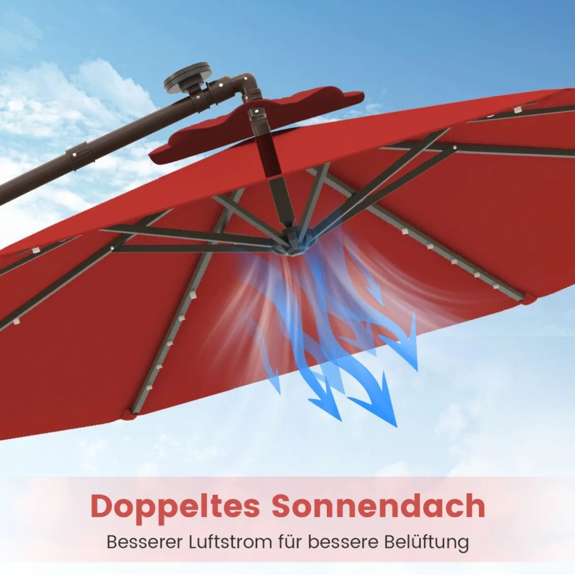 Ø300 cm Ampelschirm mit 40 Solar-LED-Leuchten & Sandsäcke & Kurbel & UV-Schutz Sonnenschirm