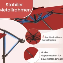 Ø300 cm Ampelschirm mit 40 Solar-LED-Leuchten & Sandsäcke & Kurbel & UV-Schutz Sonnenschirm