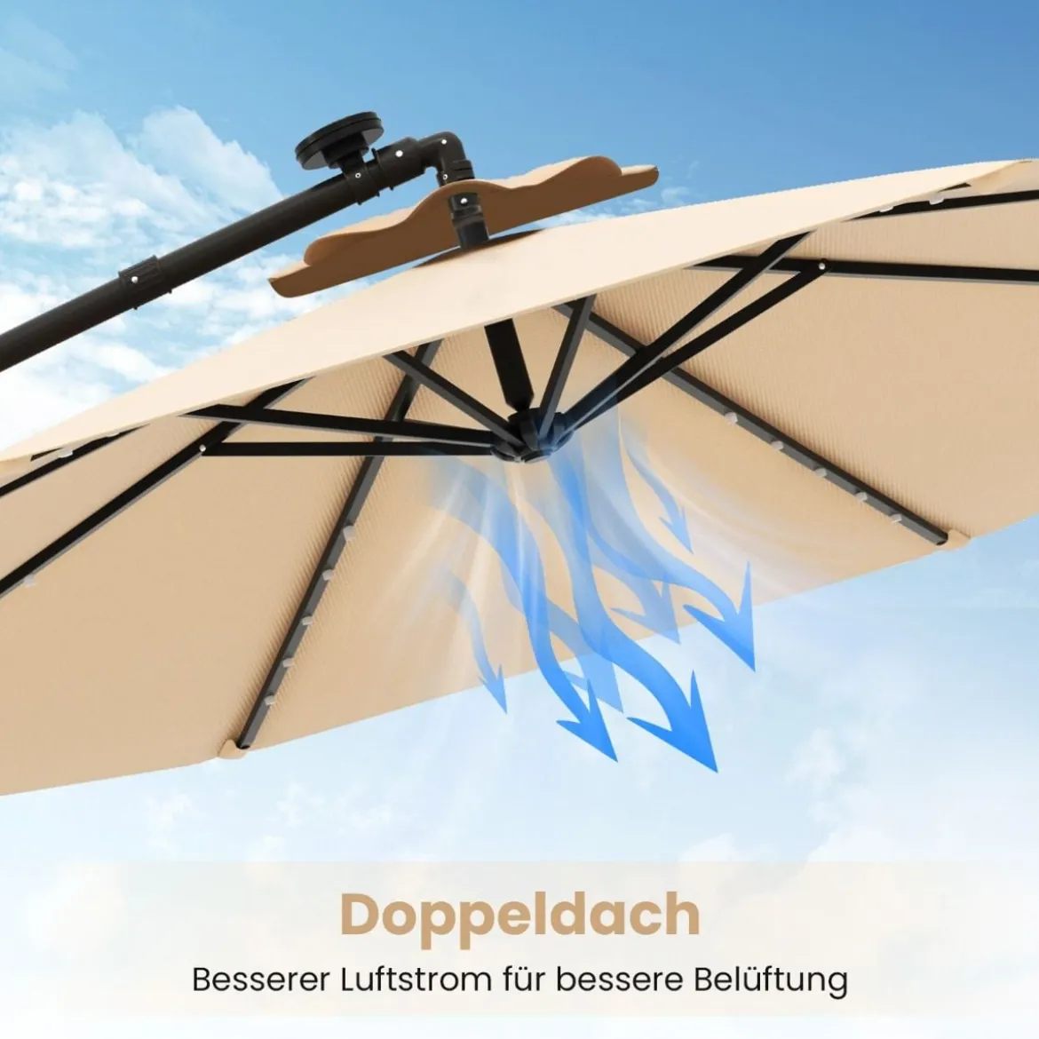 Ø300 cm Ampelschirm mit 40 Solar-LED-Leuchten & Sandsäcke & Kurbel & UV-Schutz Sonnenschirm