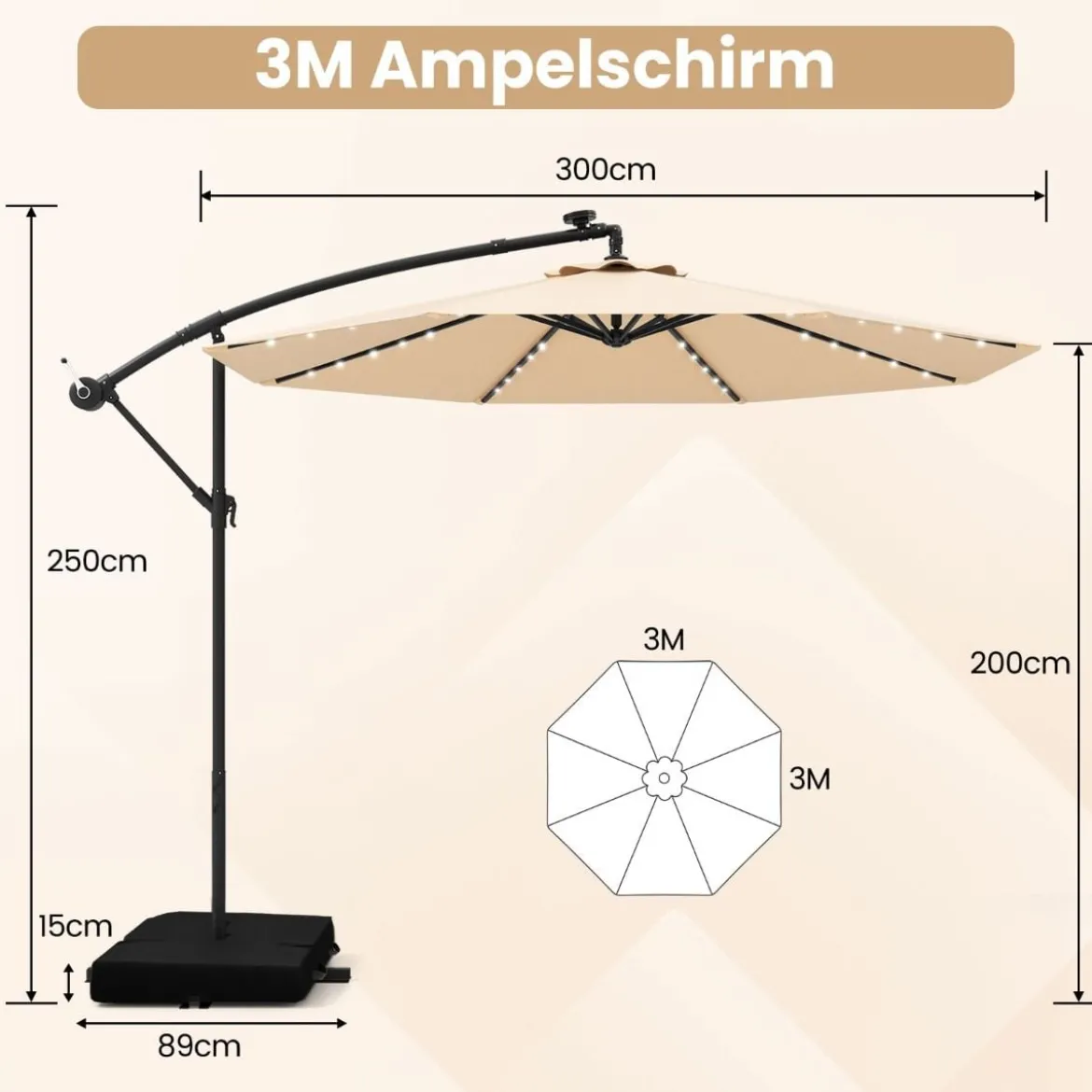 Ø300 cm Ampelschirm mit 40 Solar-LED-Leuchten & Sandsäcke & Kurbel & UV-Schutz Sonnenschirm
