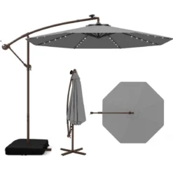 Ø300 cm Ampelschirm mit 40 Solar-LED-Leuchten & Sandsäcke & Kurbel & UV-Schutz Sonnenschirm