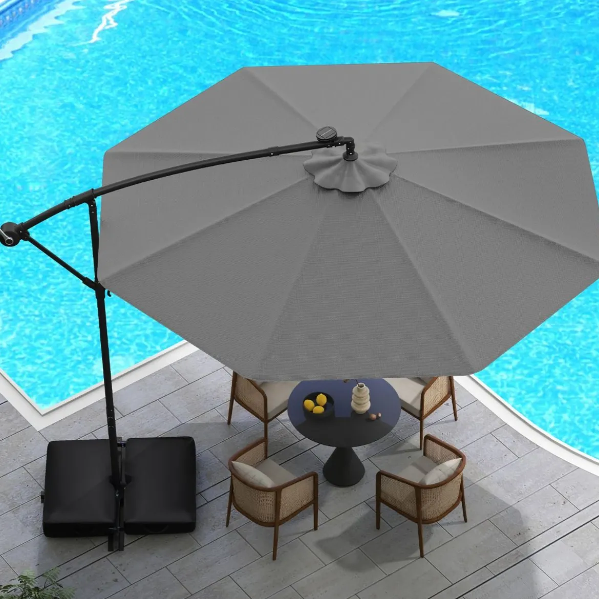 Ø300 cm Ampelschirm mit 40 Solar-LED-Leuchten & Sandsäcke & Kurbel & UV-Schutz Sonnenschirm