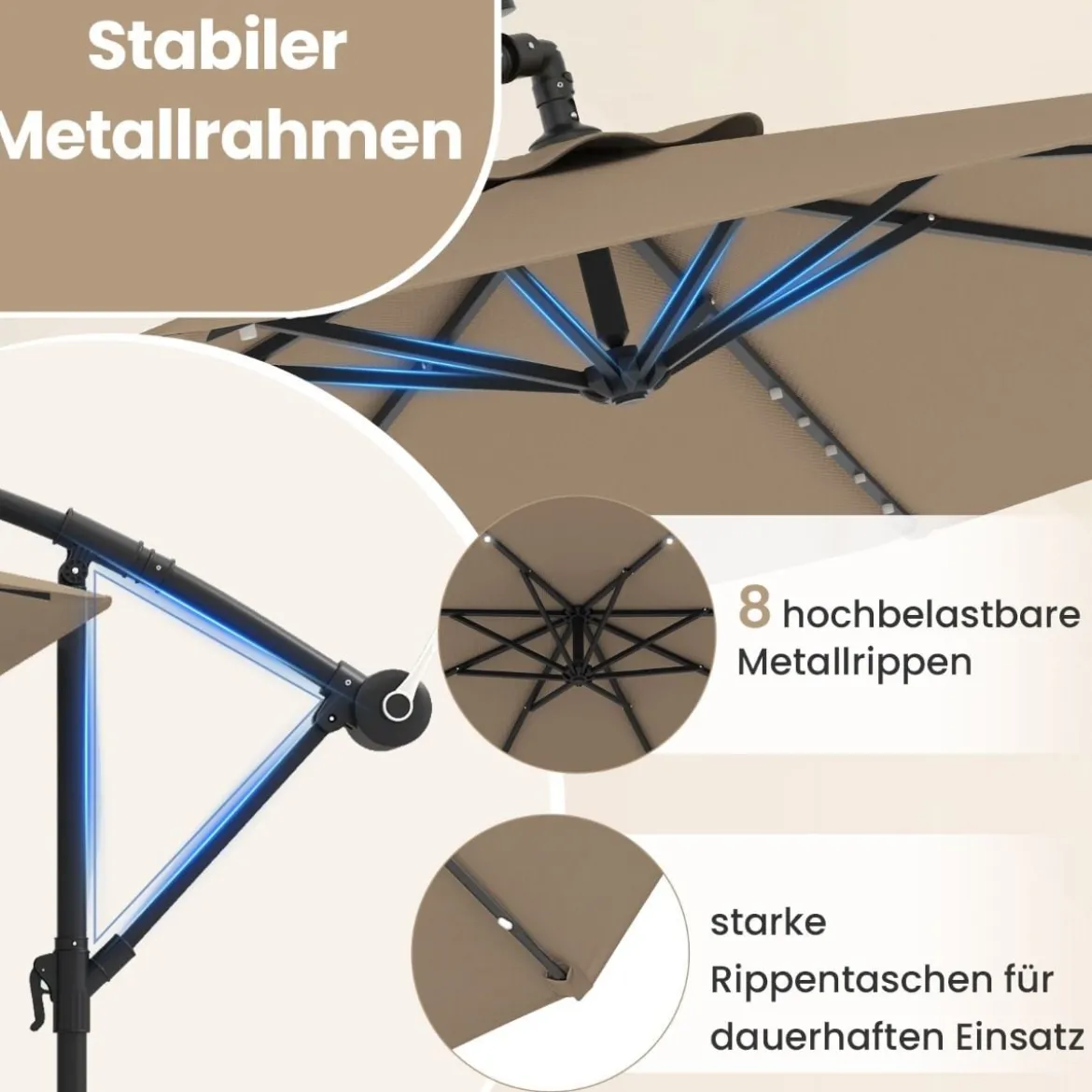 Ø300 cm Ampelschirm mit 40 Solar-LED-Leuchten & Sandsäcke & Kurbel & UV-Schutz Sonnenschirm