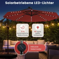 Ø300 cm Ampelschirm mit 40 Solar-LED-Leuchten & Sandsäcke & Kurbel & UV-Schutz Sonnenschirm