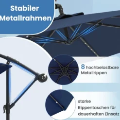 Ø300 cm Ampelschirm mit 40 Solar-LED-Leuchten & Sandsäcke & Kurbel & UV-Schutz Sonnenschirm