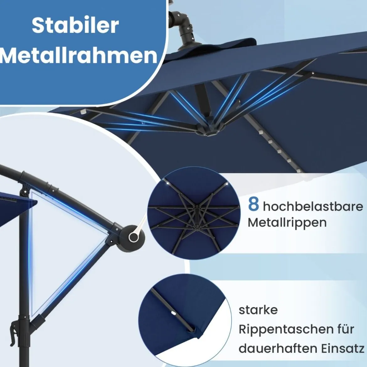 Ø300 cm Ampelschirm mit 40 Solar-LED-Leuchten & Sandsäcke & Kurbel & UV-Schutz Sonnenschirm