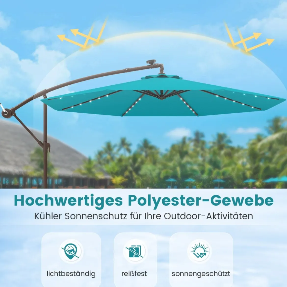 Ø300 cm Ampelschirm mit 40 Solar-LED-Leuchten & Sandsäcke & Kurbel & UV-Schutz Sonnenschirm