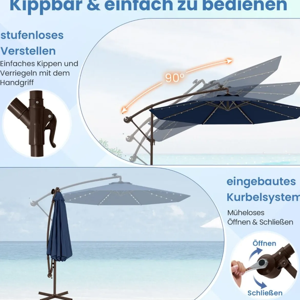 Ø300 cm Ampelschirm mit 40 Solar-LED-Leuchten & Sandsäcke & Kurbel & UV-Schutz Sonnenschirm