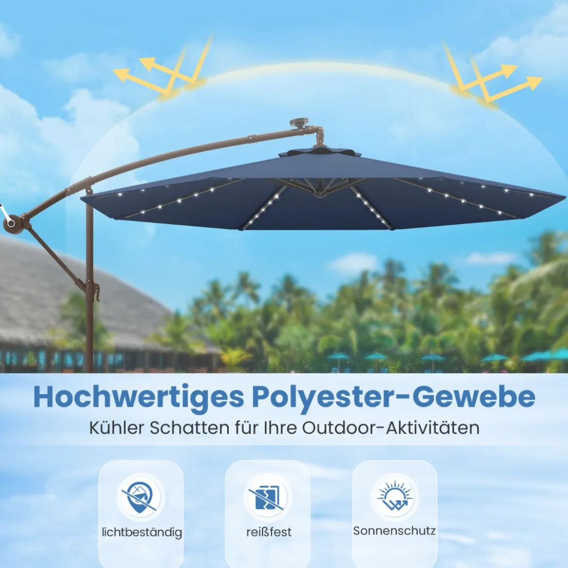 Ø300 cm Ampelschirm mit 40 Solar-LED-Leuchten & Sandsäcke & Kurbel & UV-Schutz Sonnenschirm