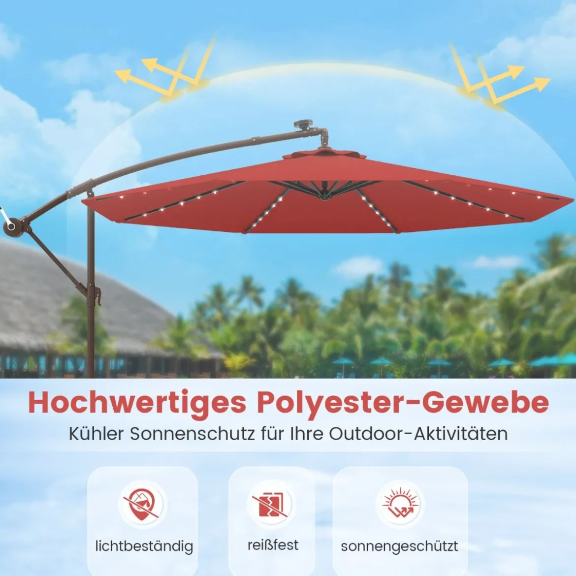 Ø300 cm Ampelschirm mit 40 Solar-LED-Leuchten & Sandsäcke & Kurbel & UV-Schutz Sonnenschirm