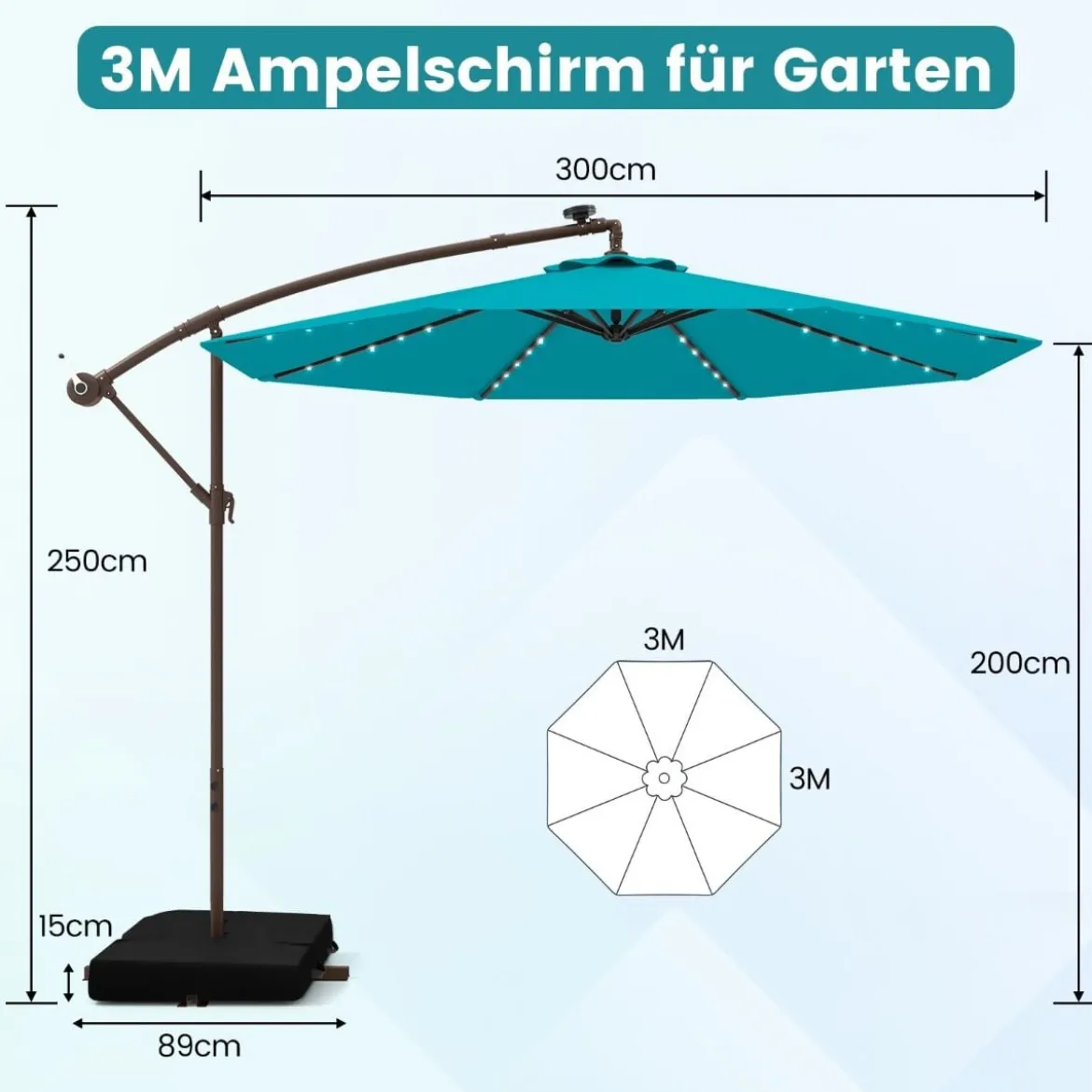Ø300 cm Ampelschirm mit 40 Solar-LED-Leuchten & Sandsäcke & Kurbel & UV-Schutz Sonnenschirm